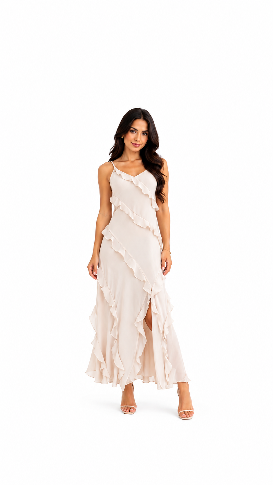 Vestido longo c/ babados e fenda