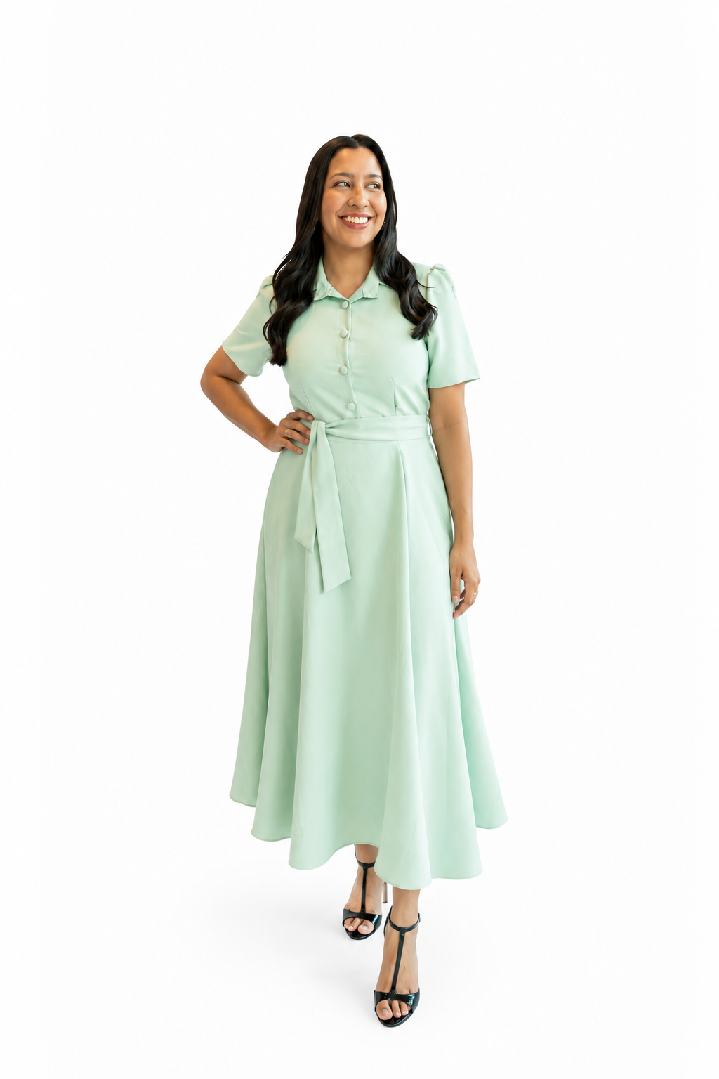 Vestido midi c/faixa e botões