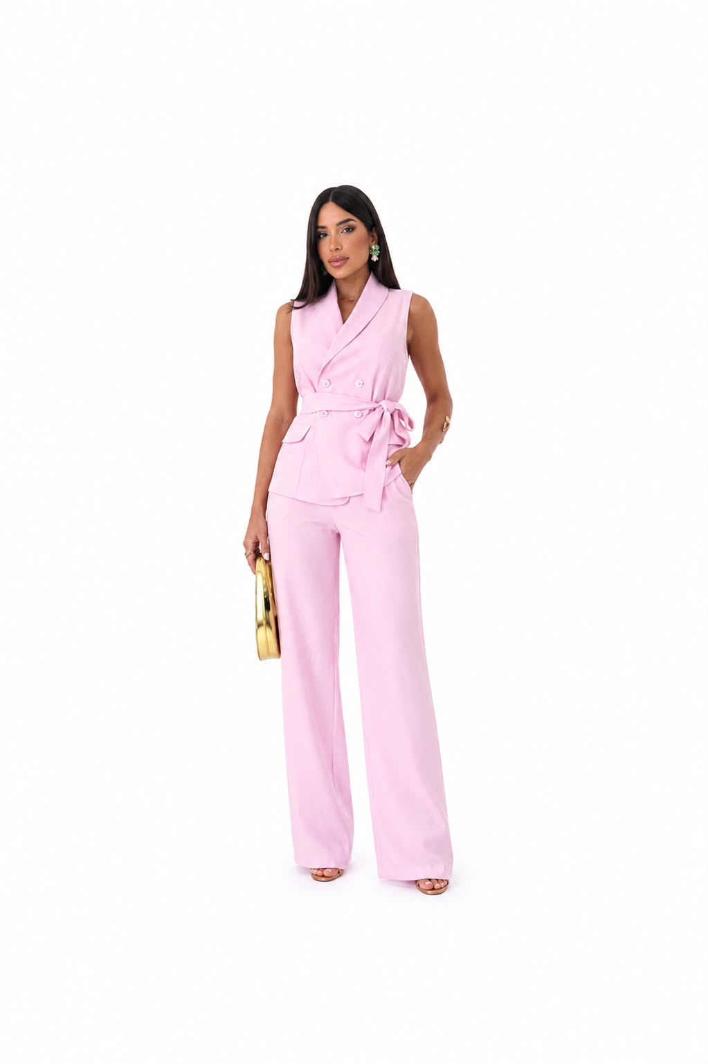Conjunto calça pantalona e colete alongando