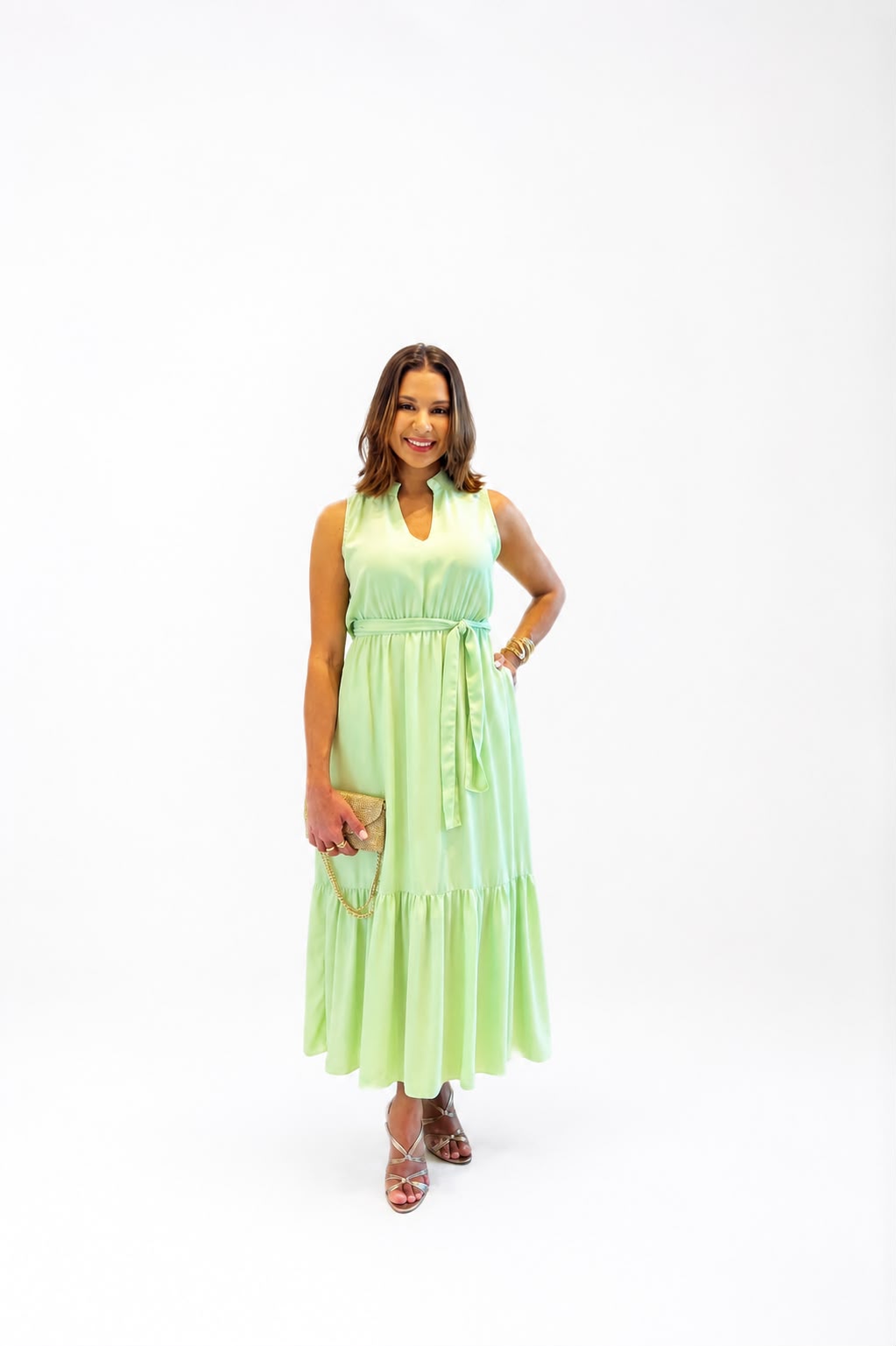 Vestido midi c/ faixa e recorte