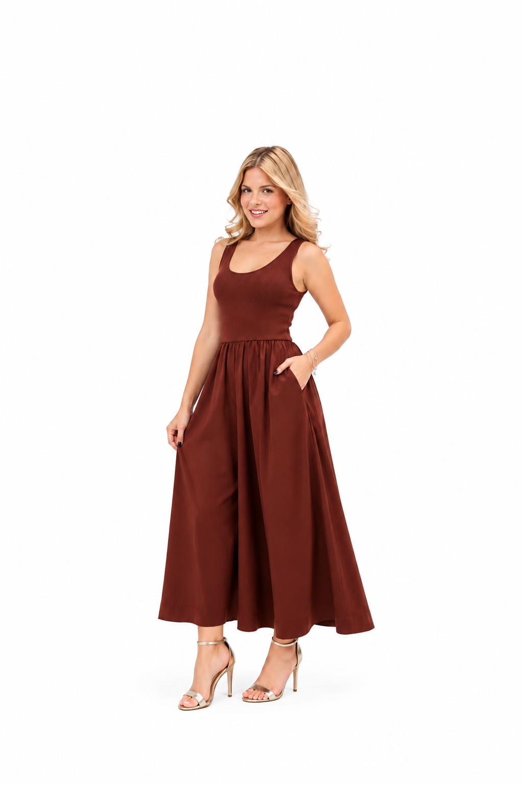 Vestido midi c/ saia ampla