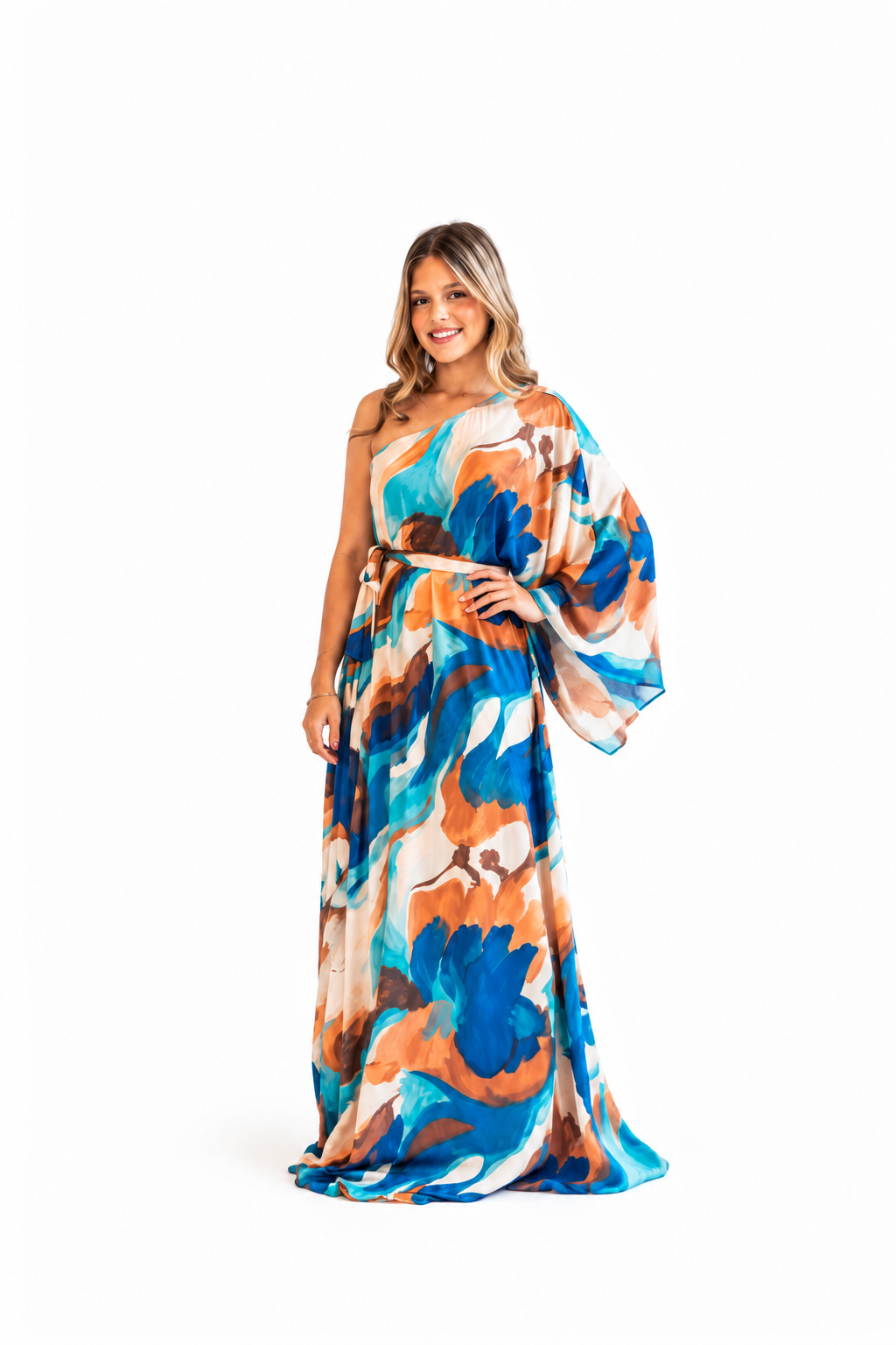 Vestido longo um ombro só estampado